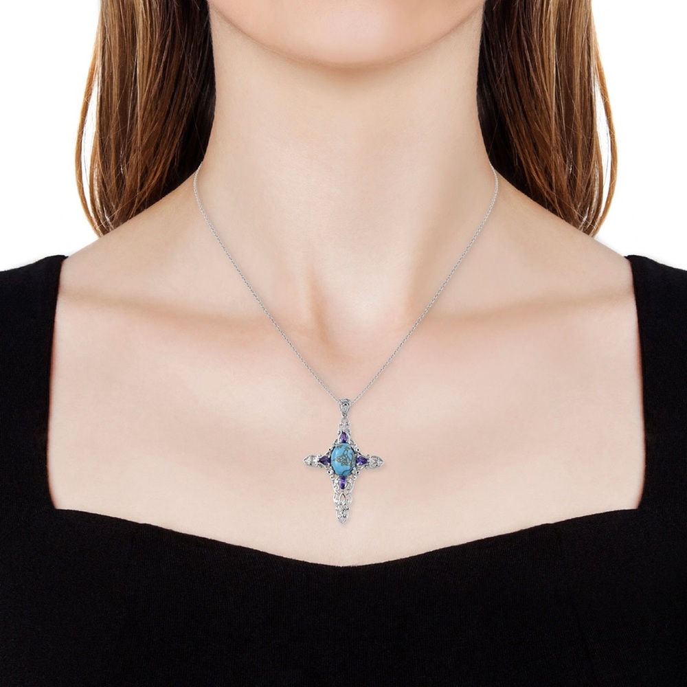 KARIS BLUE TURQUOISE PENDANT PLATINUM BONDED BRASS STAINLESS STEEL NECKLACE